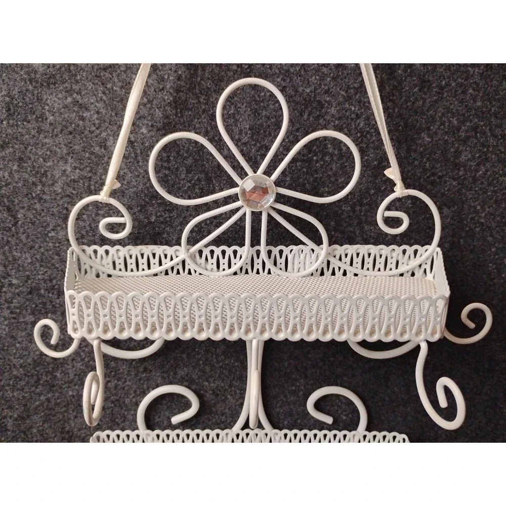 Vintage White Metal 2 Tiered Jewelry Cosmetics Shelf w Scroll Floral Design